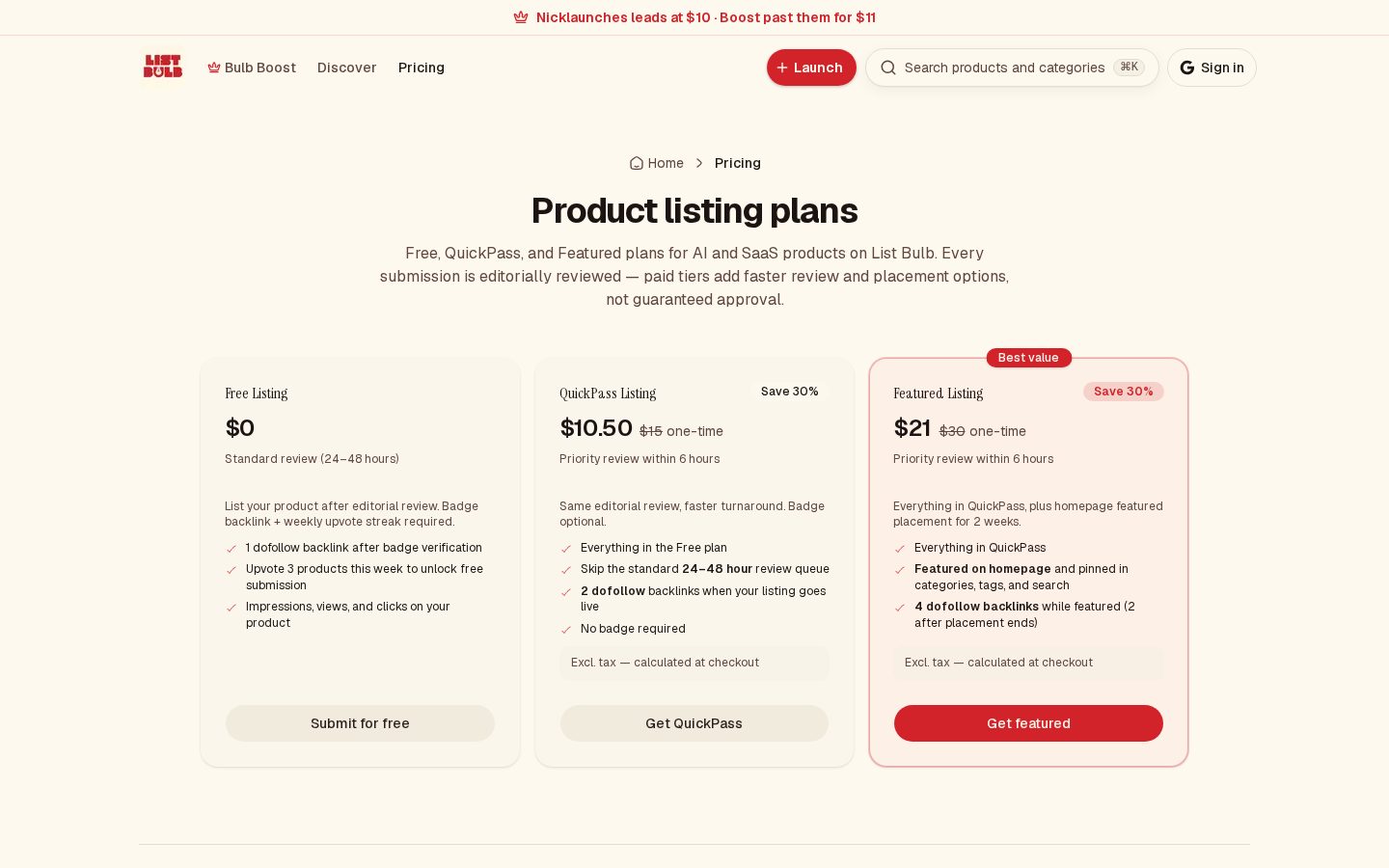 List Bulb Pricing