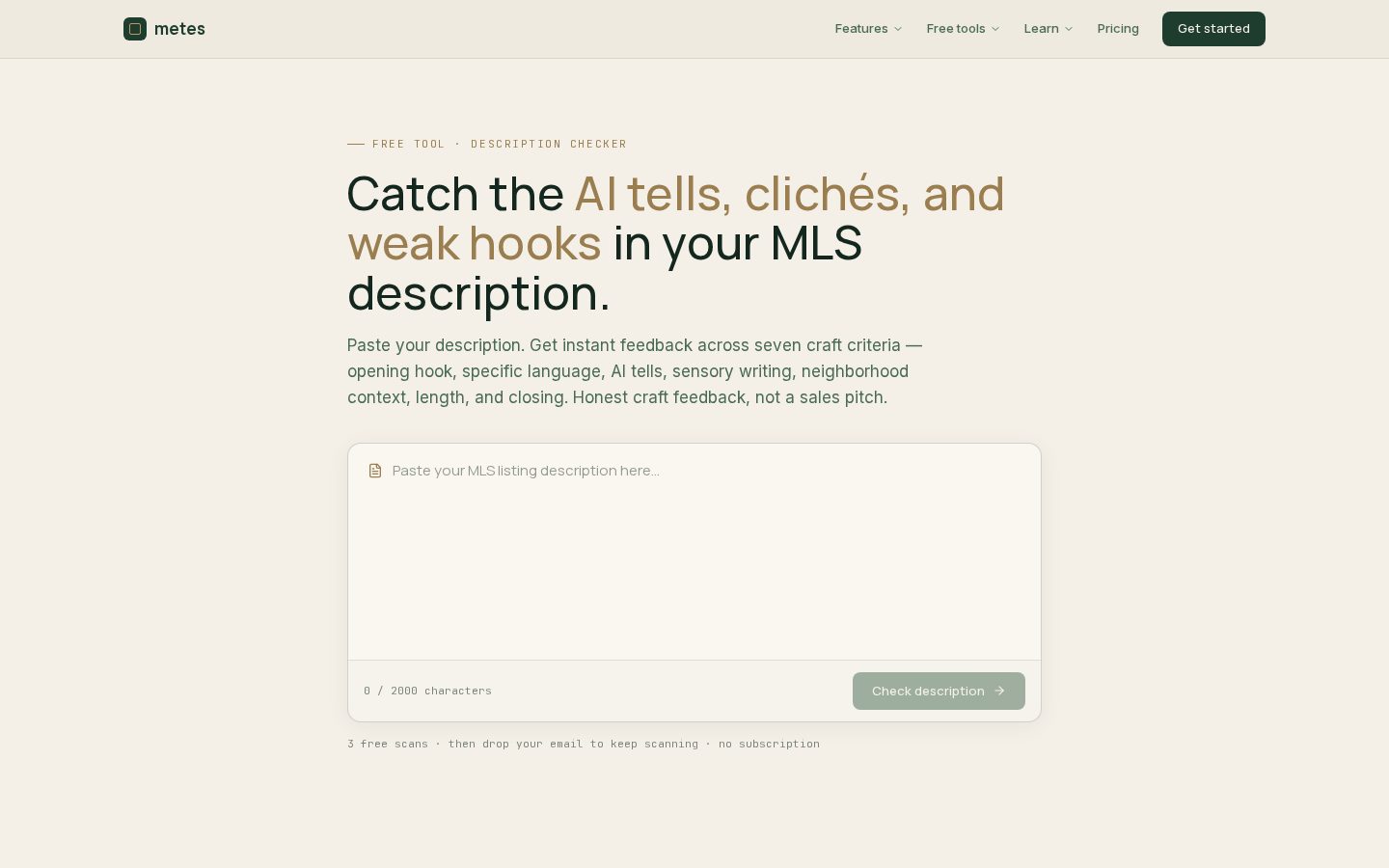 Listing Description Checker by Metes Homepage