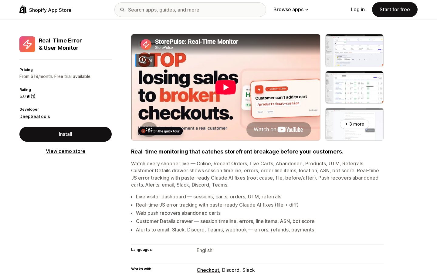 Live Error Monitor & Analytics Homepage