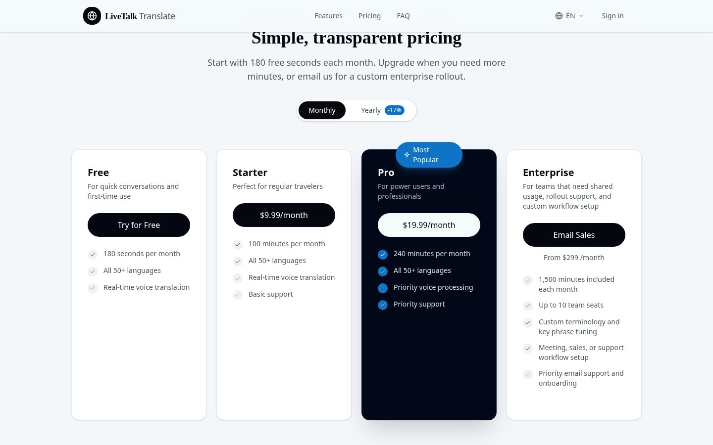 livetalktranslate Pricing