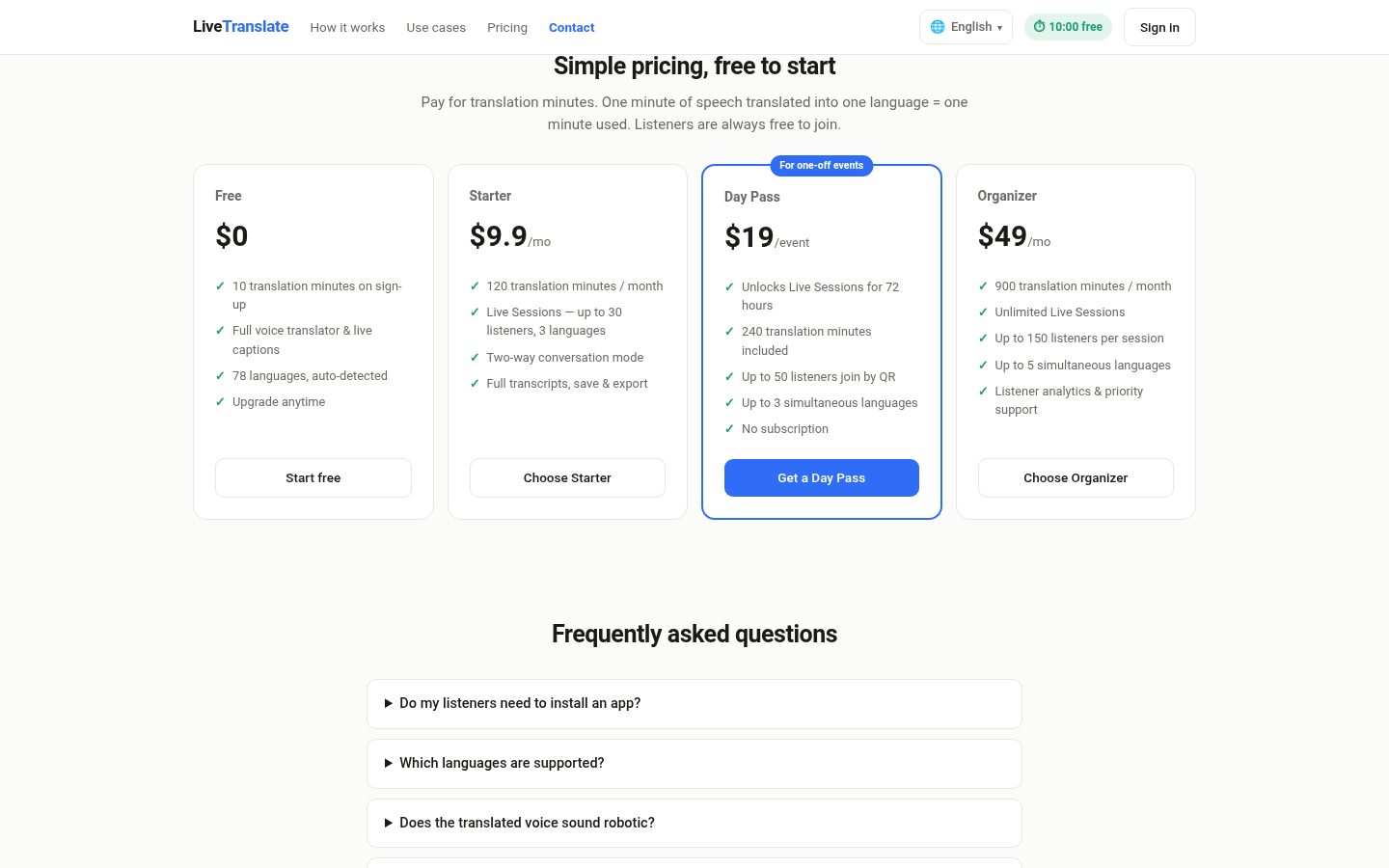 LiveTranslate Pricing