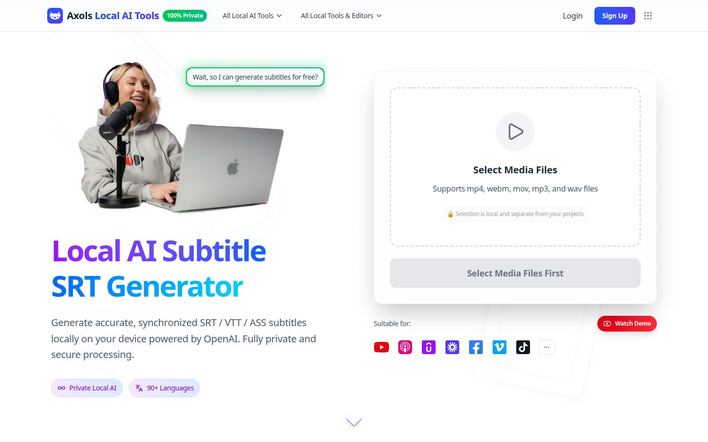 Local AI SRT Subtitle Generator Homepage