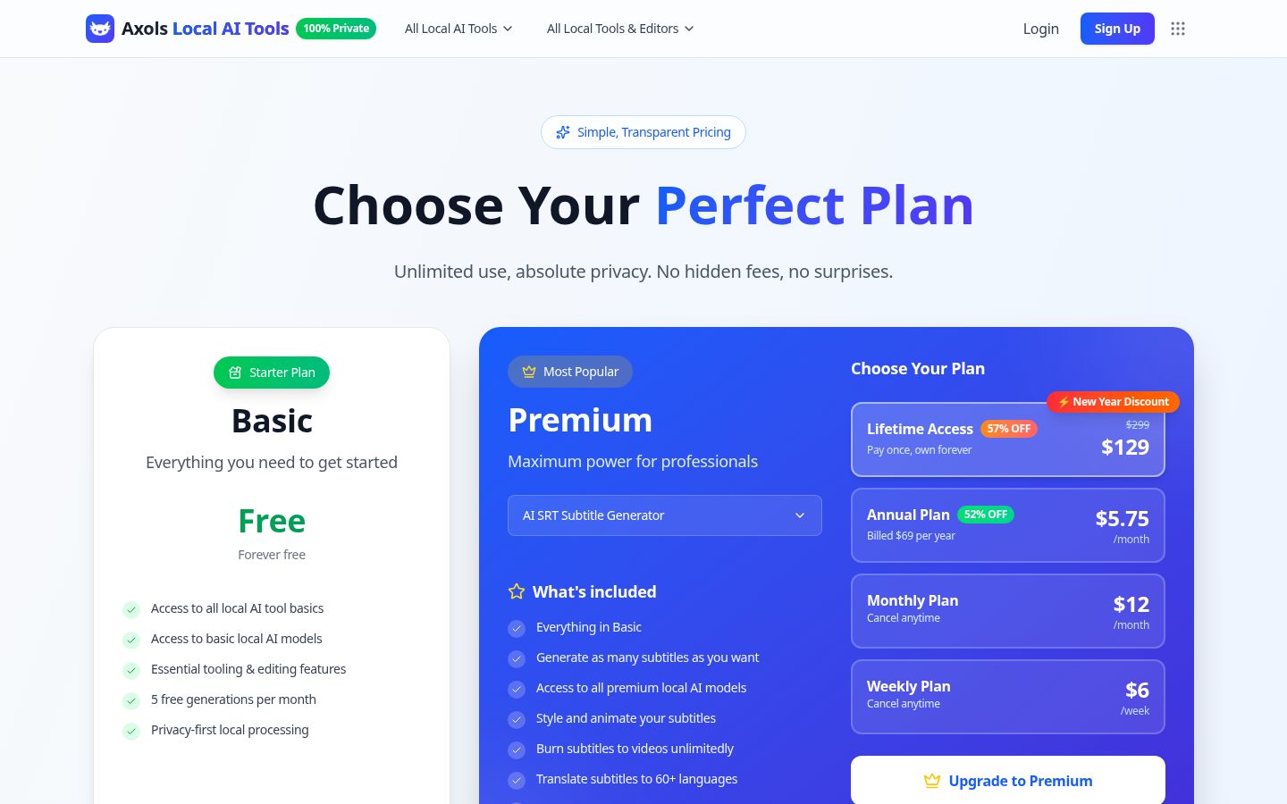 Local AI SRT Subtitle Generator Pricing