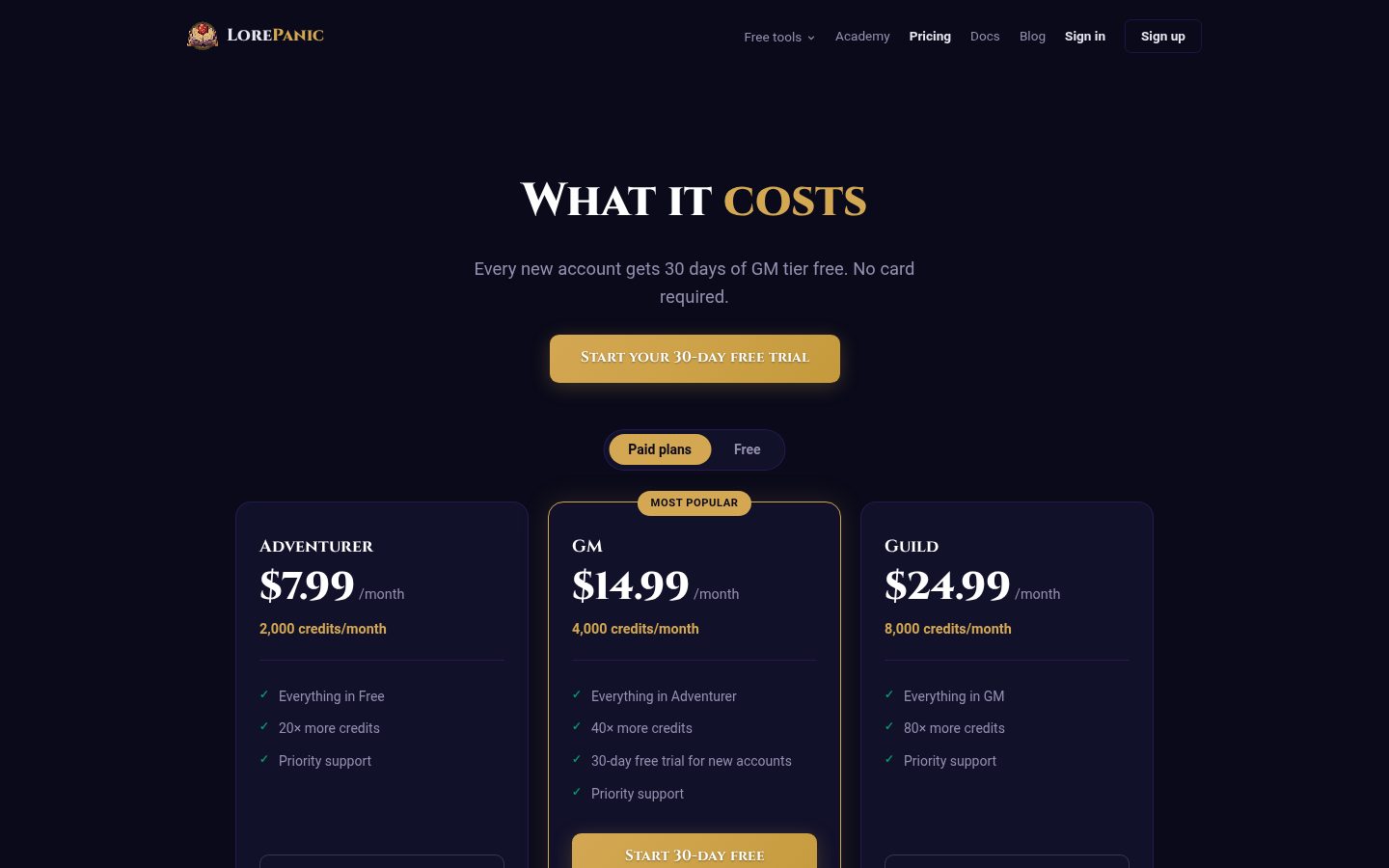 LorePanic Pricing
