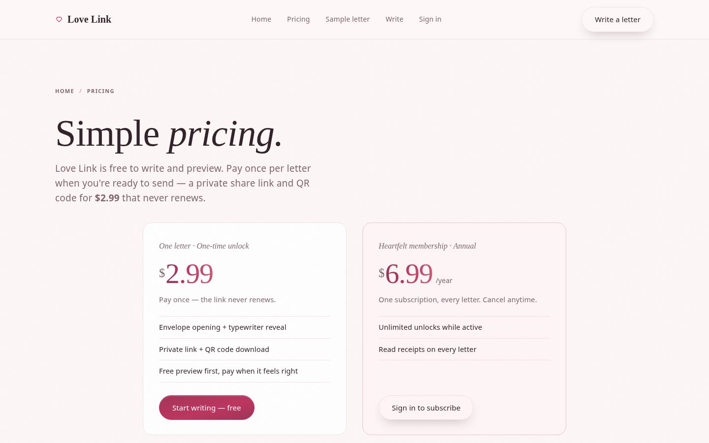 Love Link Pricing