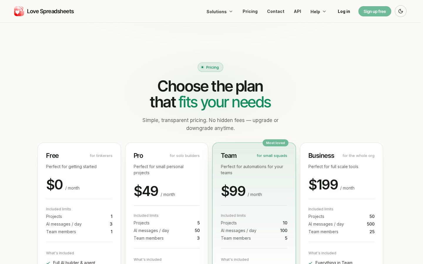 Love Spreadsheets Pricing