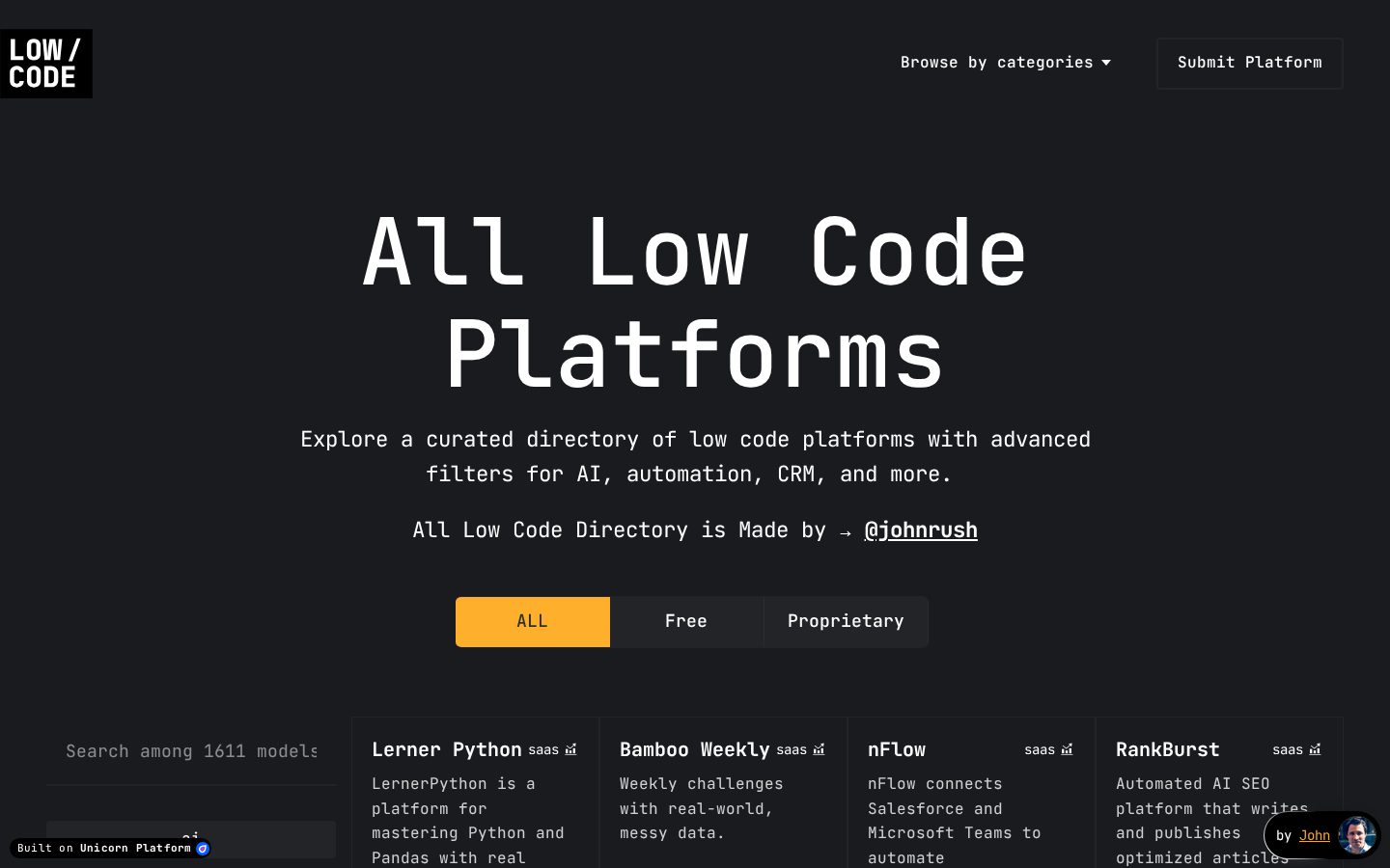 Low Code Platforms Homepage