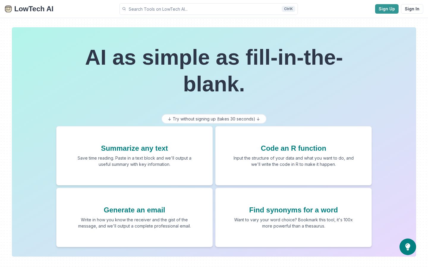 LowTech AI Homepage