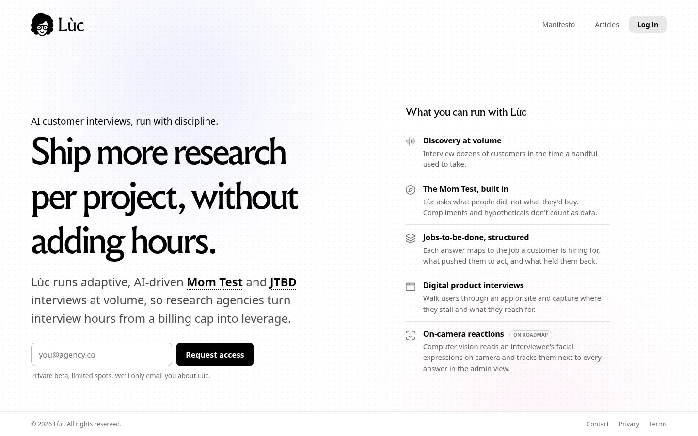 Luc - AI customer interviews Homepage