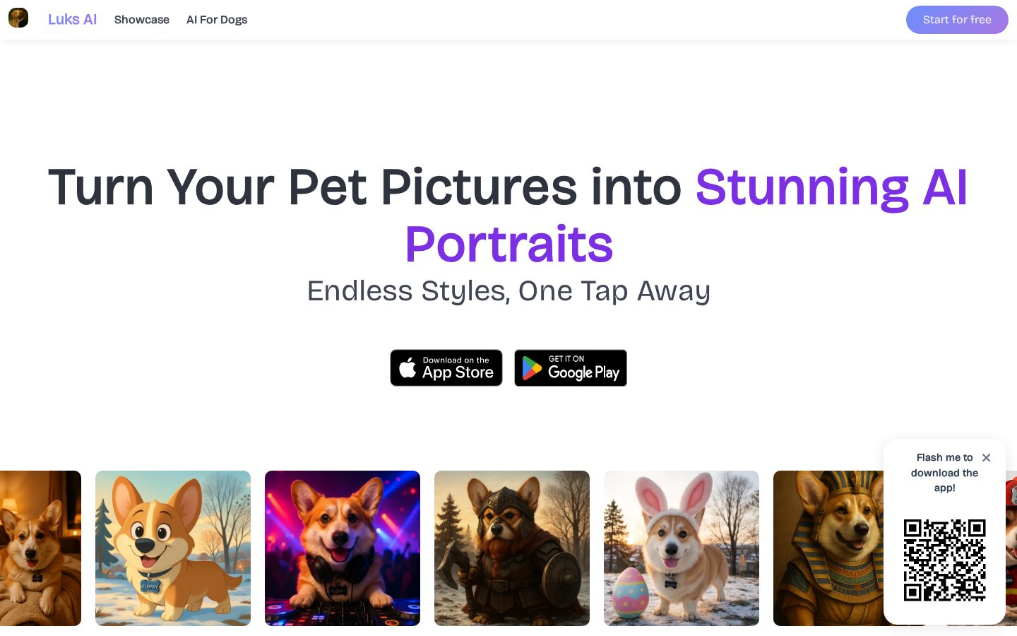 Luks - AI Pet Portraits Homepage