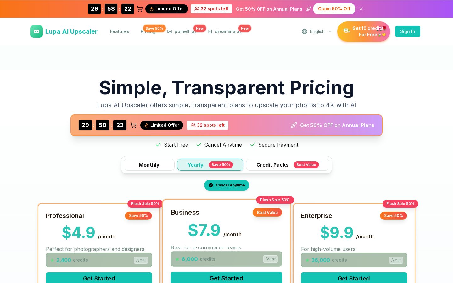 Lupa AI Upscaler Pricing