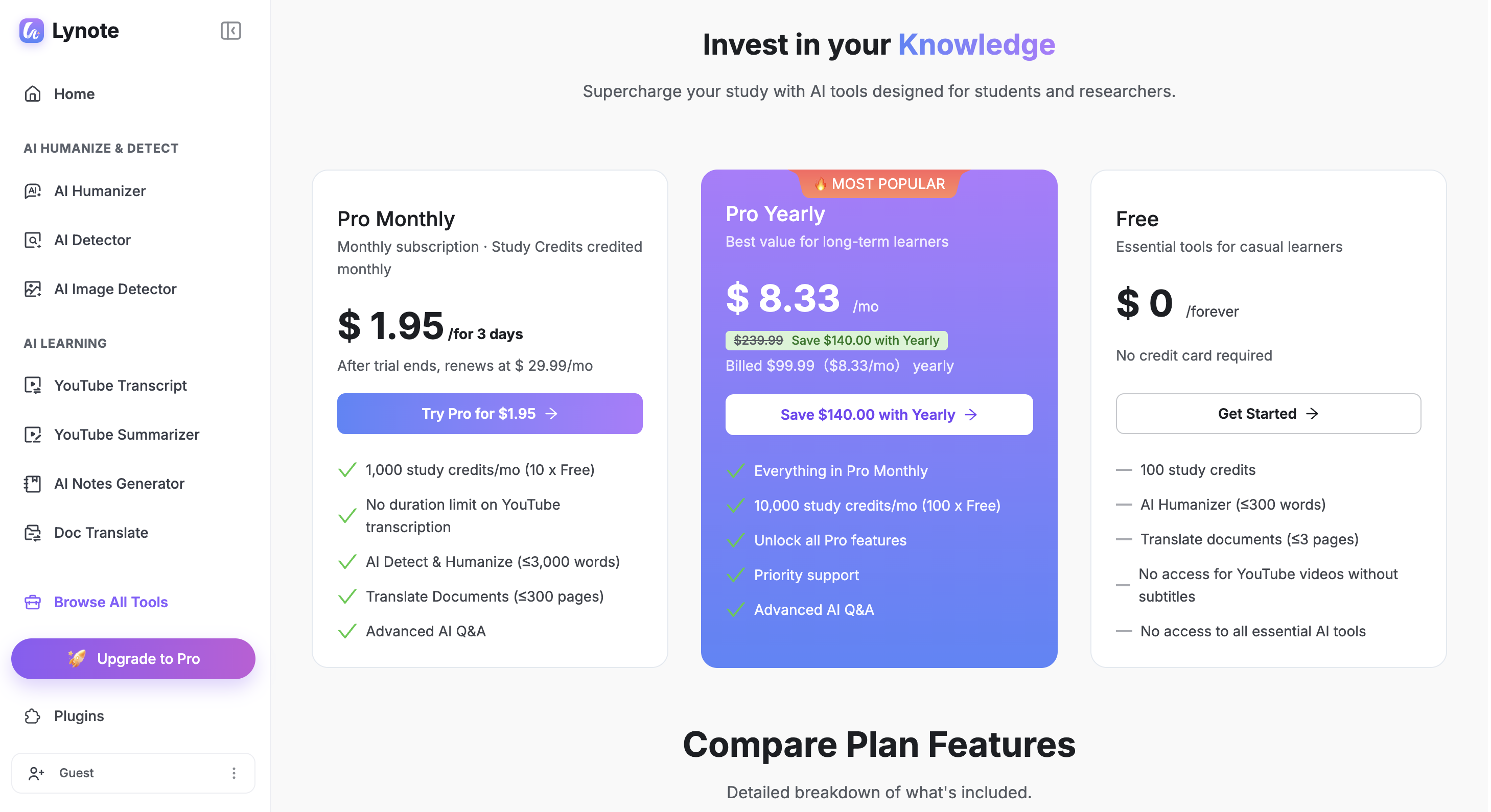 Lynote AI Pricing