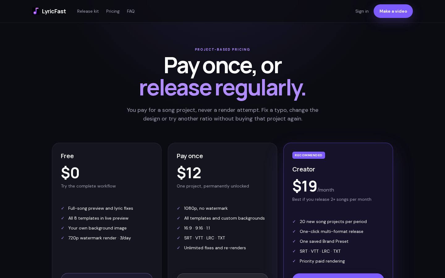 LyricFast Pricing