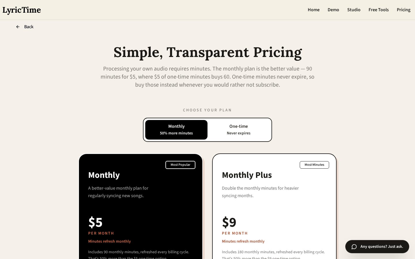 LyricTime Pricing