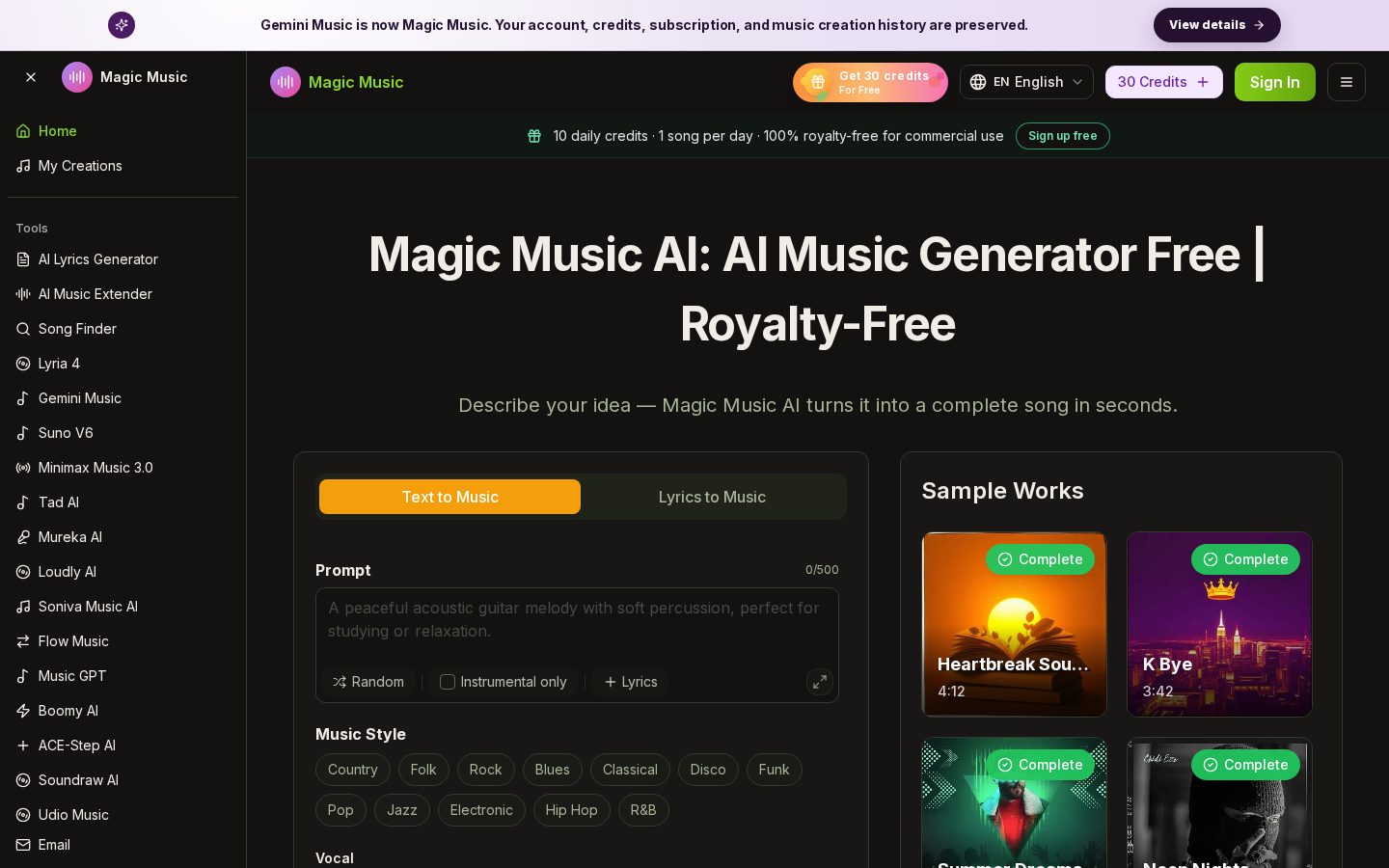 Magic Music AI Music Generator Homepage