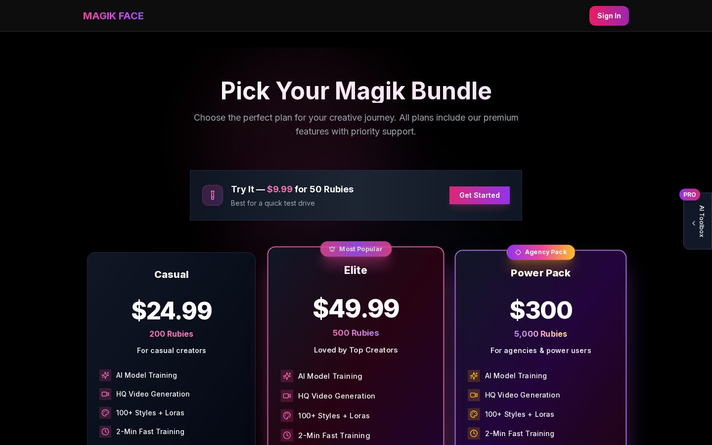 Magik Face Pricing