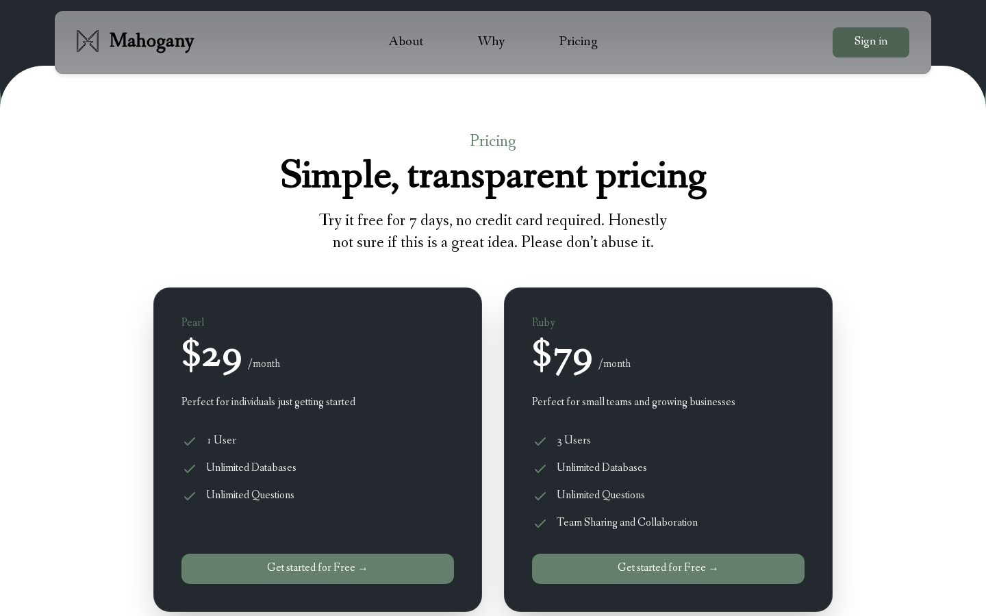 Mahogany Chat Pricing