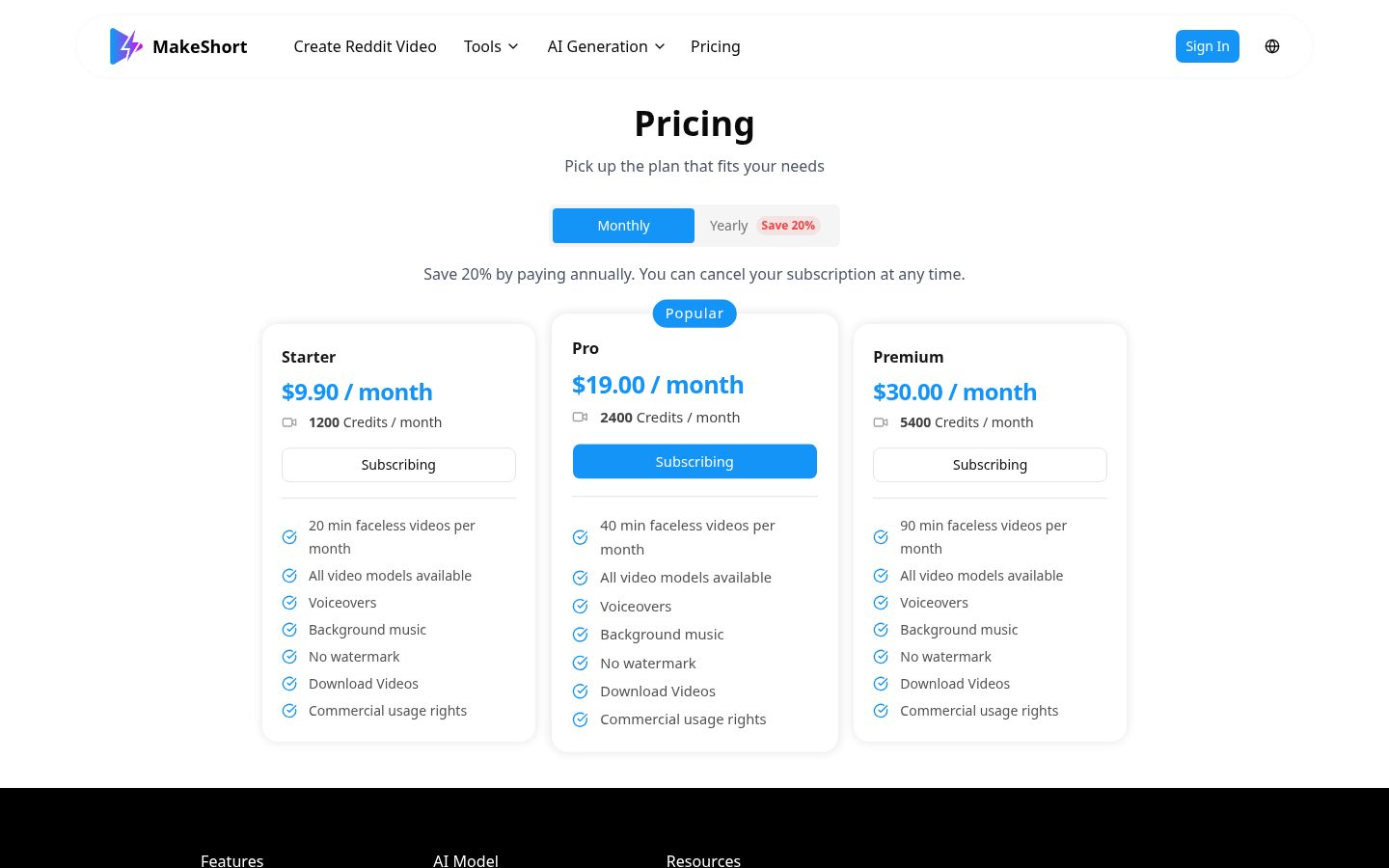 MakeShort.ai Pricing
