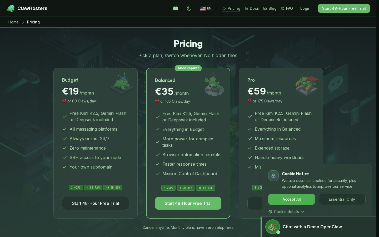 Managed OpenClaw Hosting Pricing