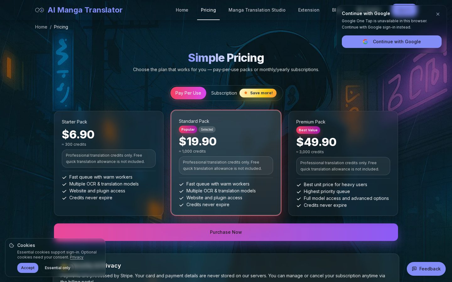 Manga Translator Pricing