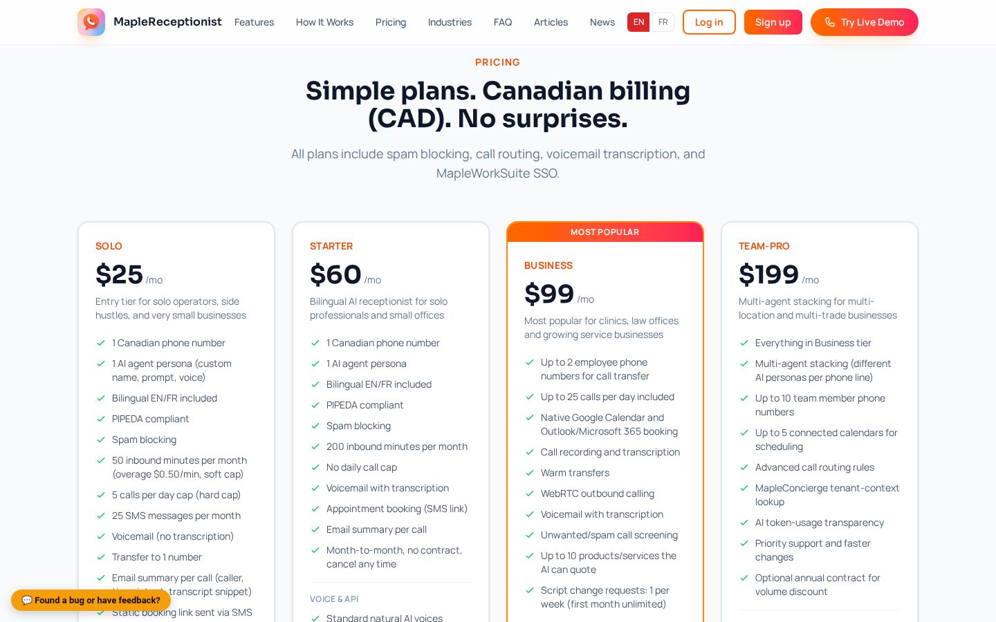 MapleReceptionist Pricing