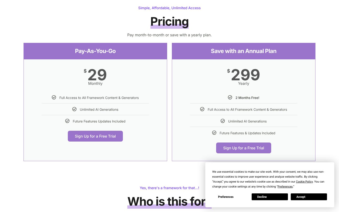 Marketing Frameworks Pricing