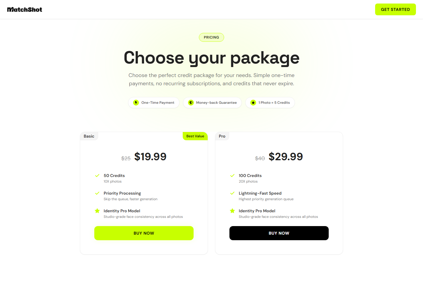 MatchShot pricing