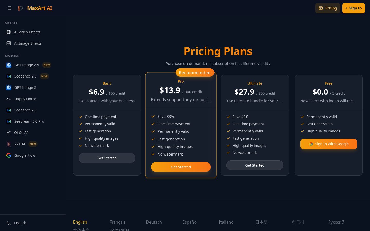 MaxArt.ai Pricing