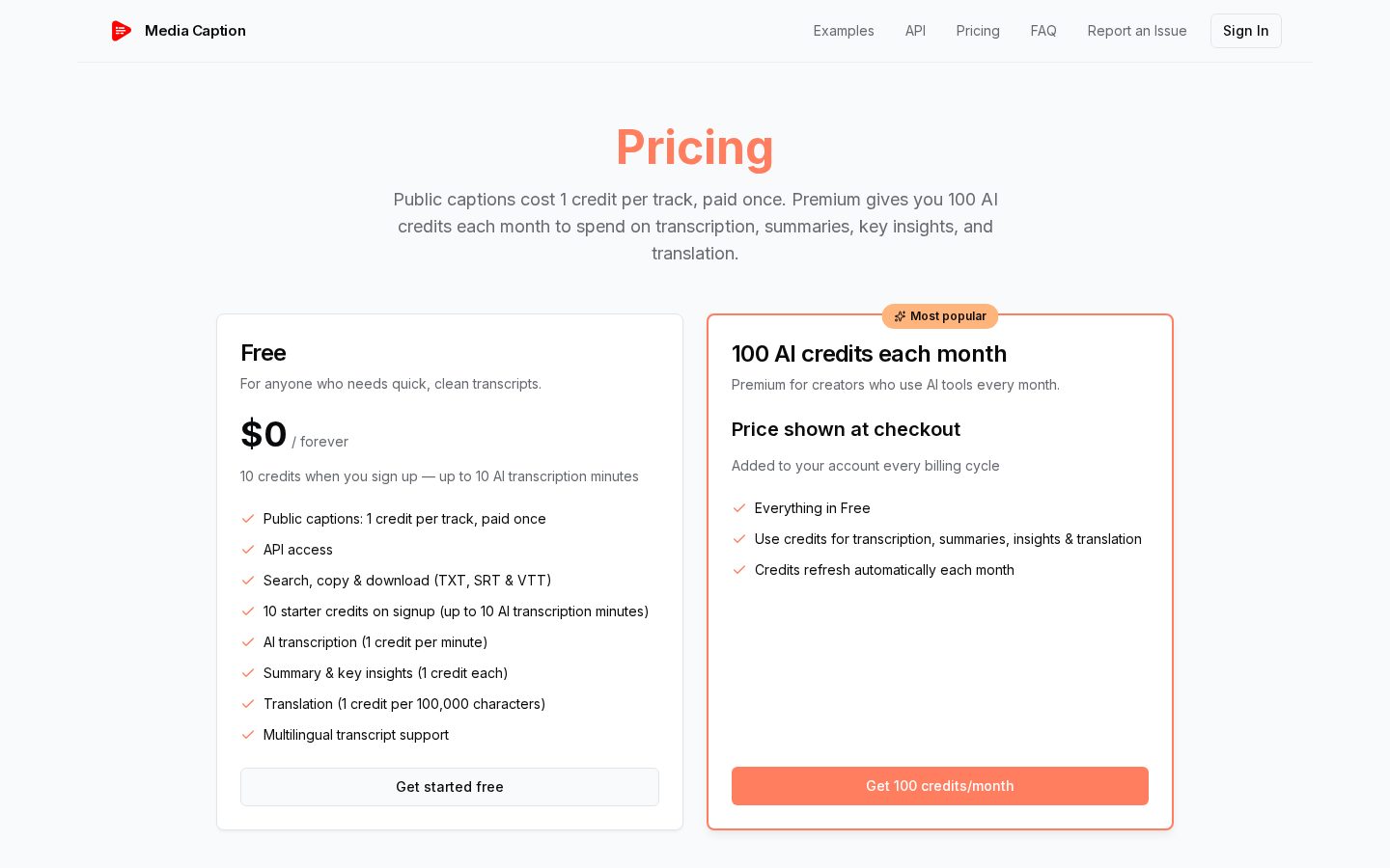 Media Caption Pricing