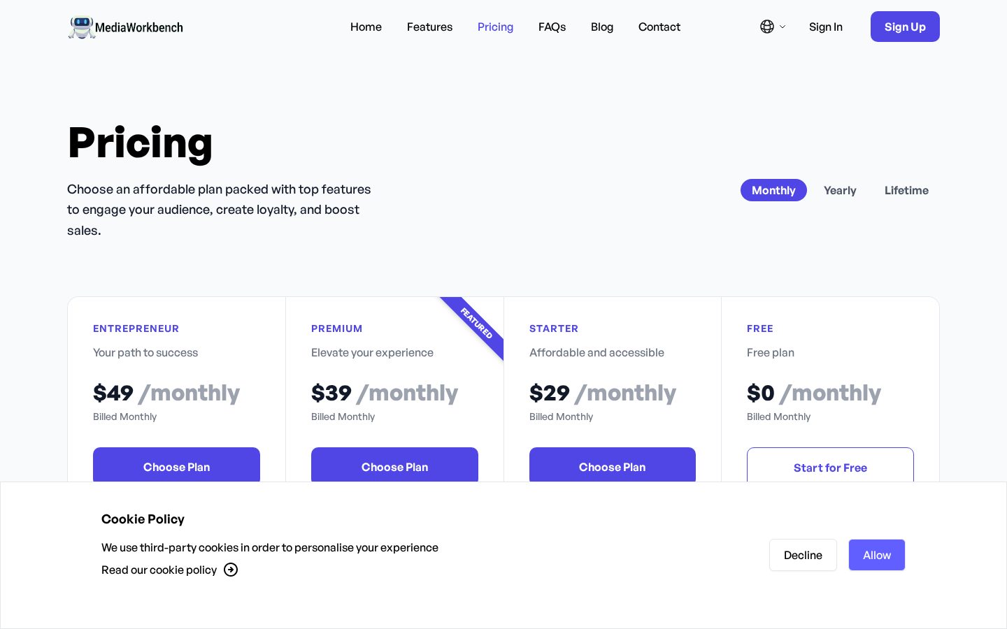 Media Workbench AI Pricing