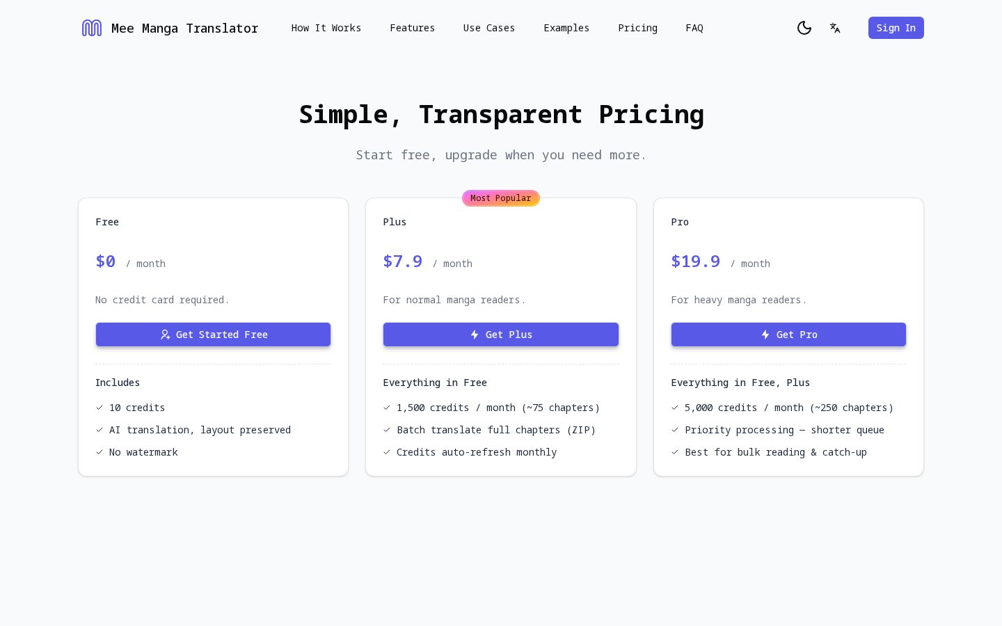 Mee Manga Translator Pricing