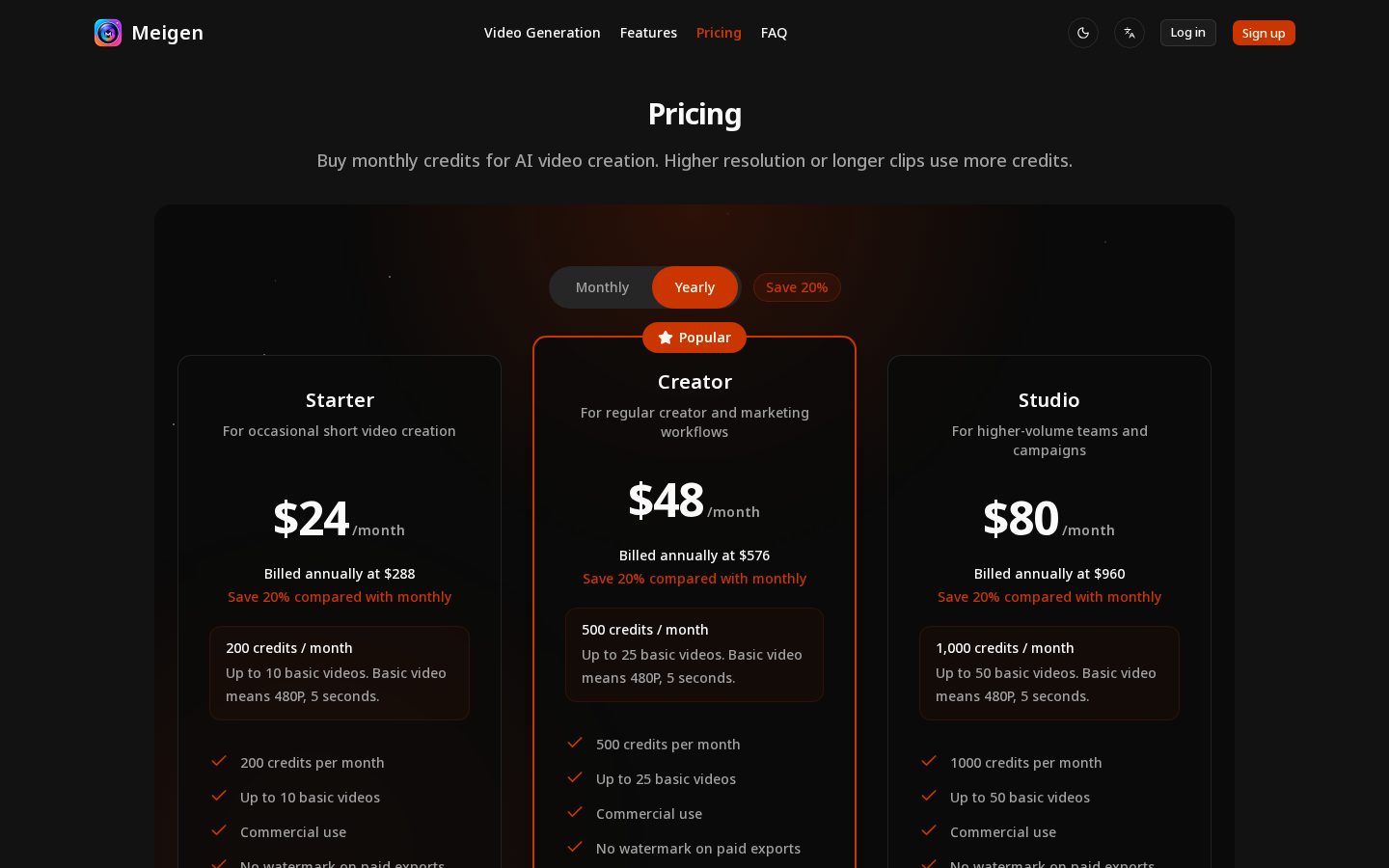 Meigen AI Video Generator Pricing