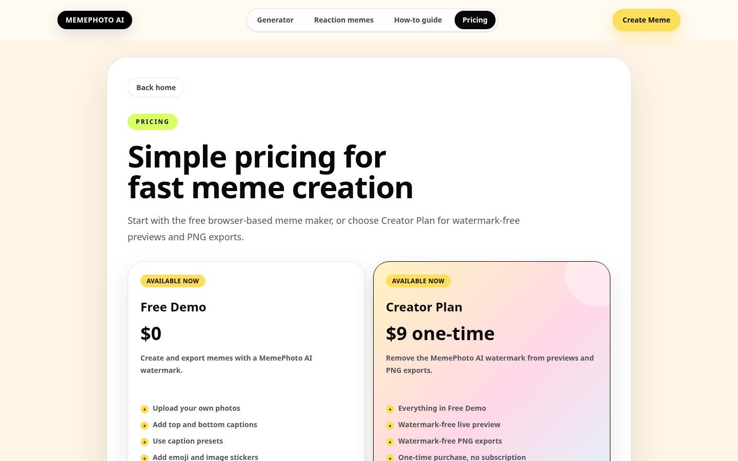 MemePhoto AI Pricing