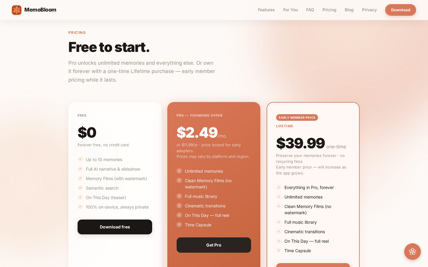 MemoBloom Pricing