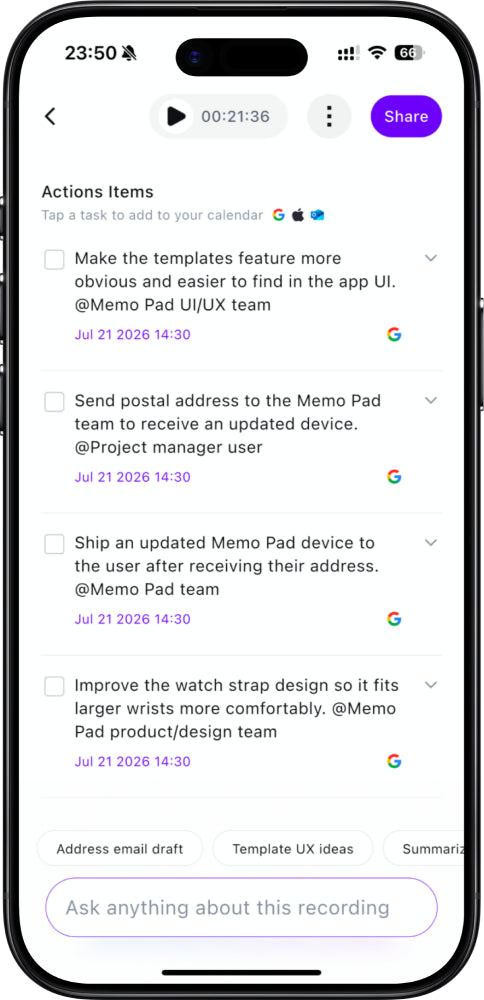 Action items with calendar integrations