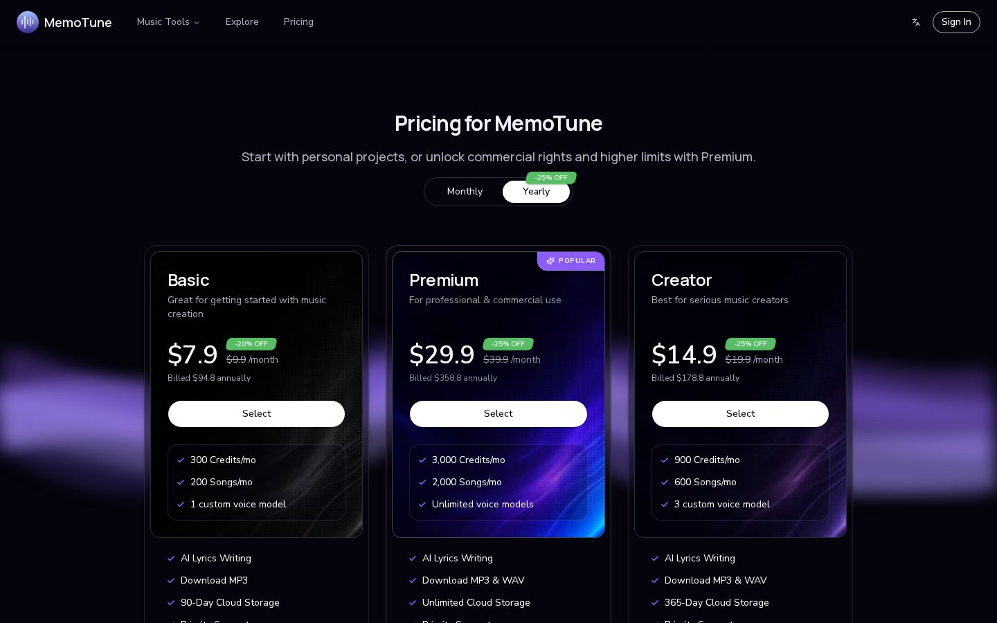 MemoTune Pricing