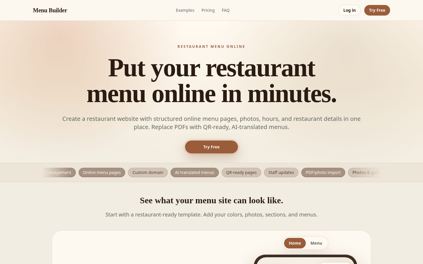 Menu Builder Homepage