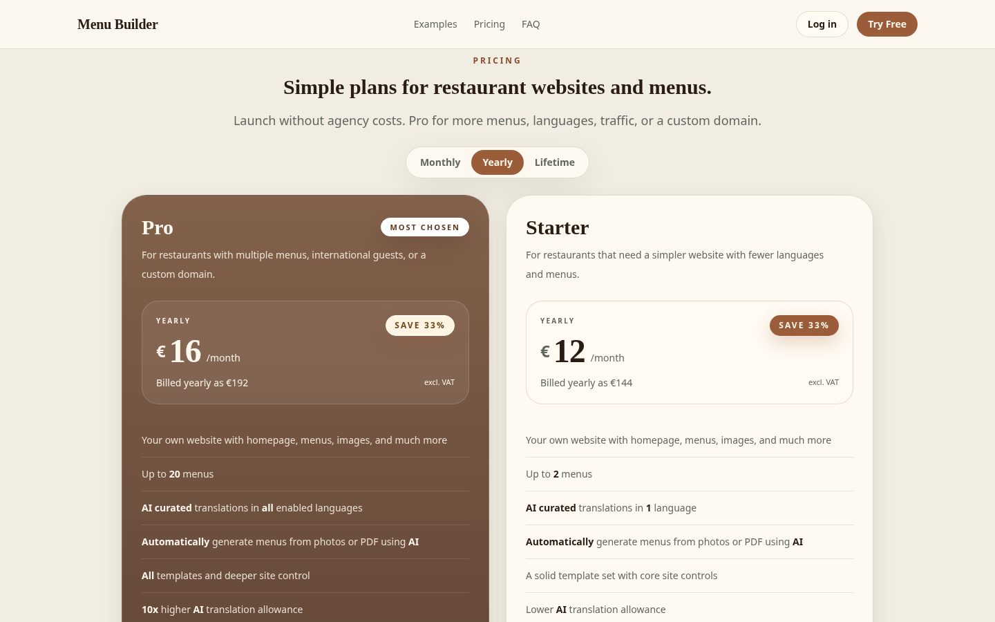 Menu Builder Pricing