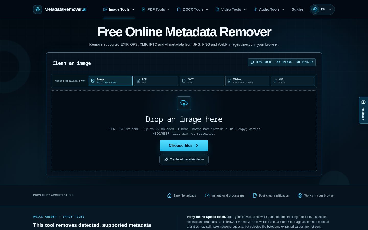MetadataRemover.ai Homepage