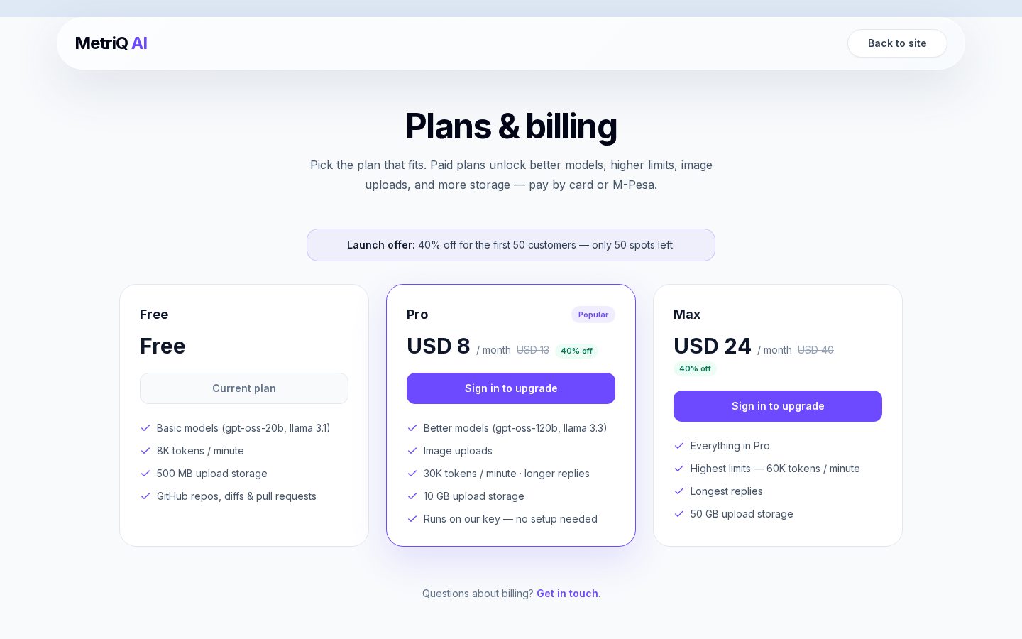 MetriQ AI Pricing