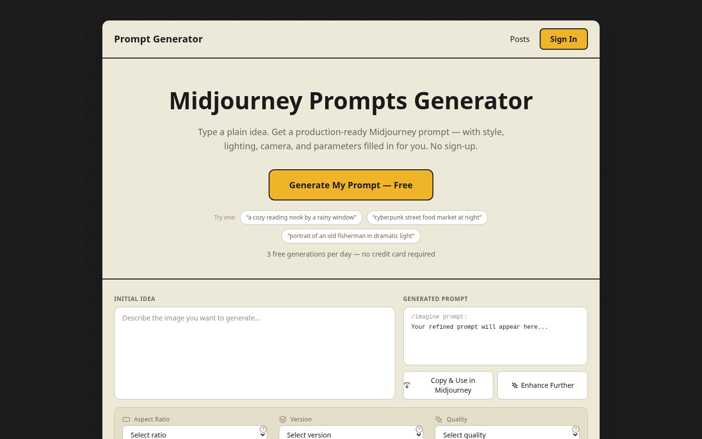 Midjourney Prompts Generator Homepage
