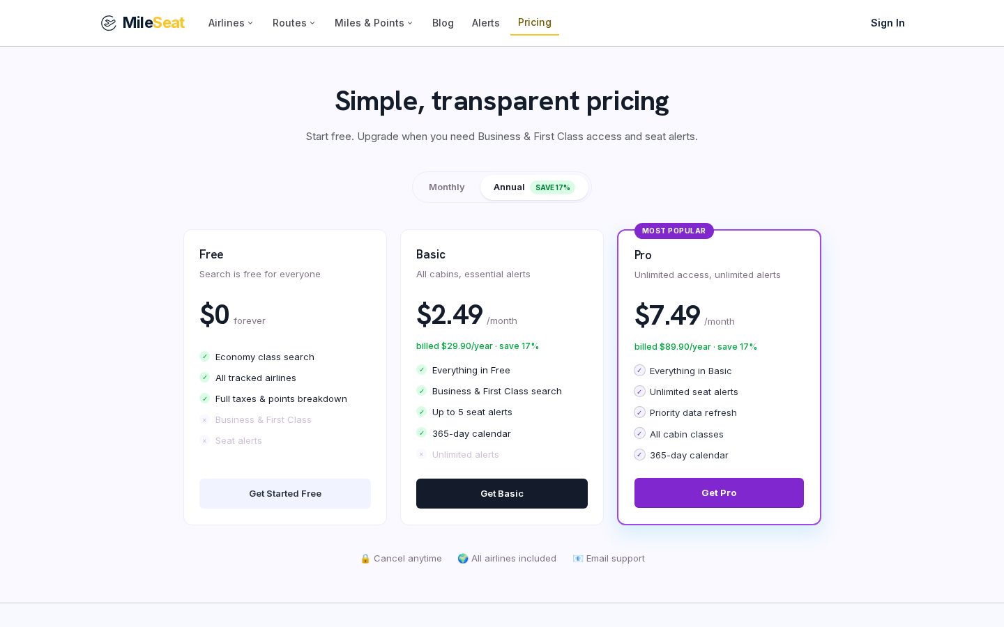 MileSeat Pricing