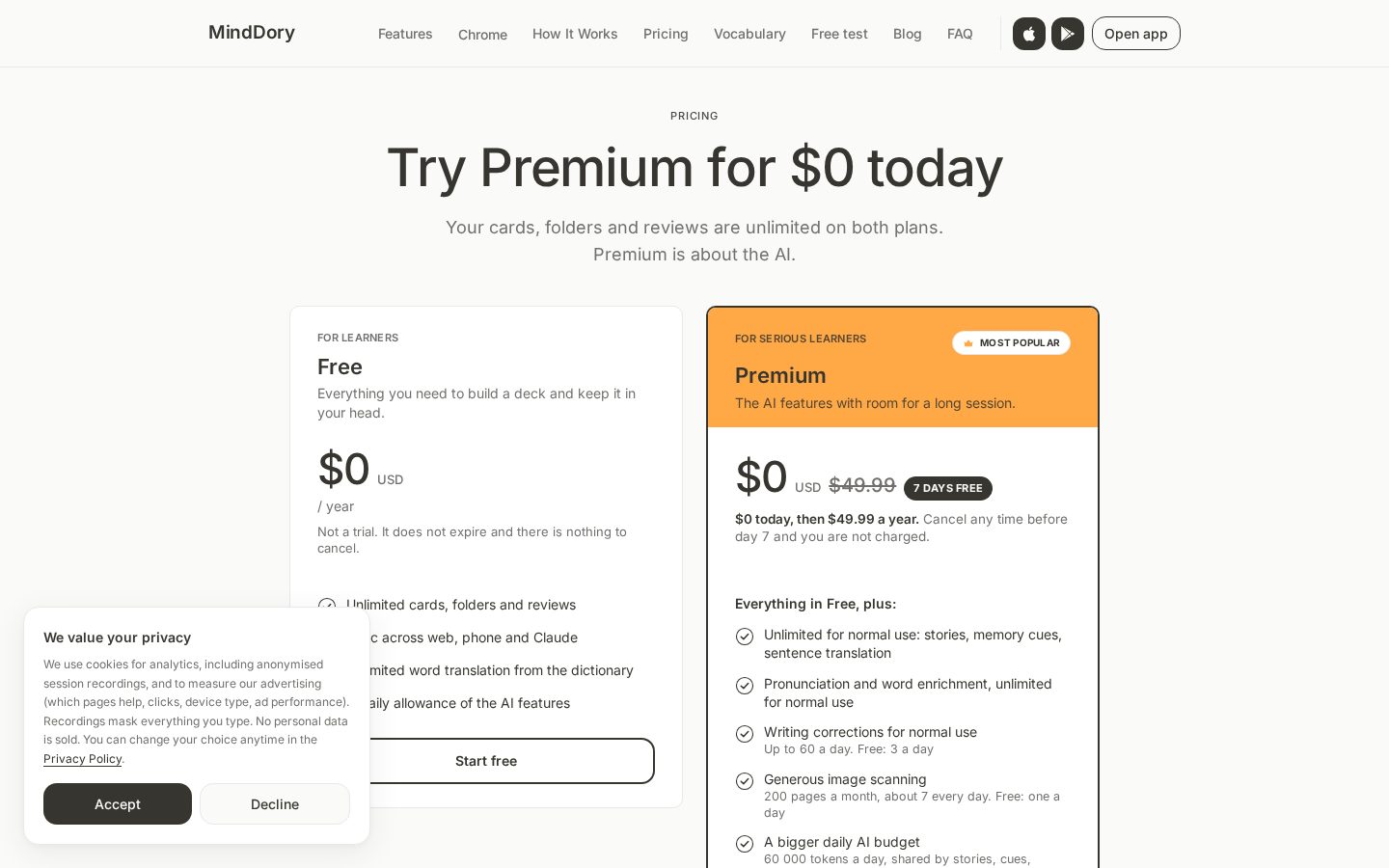 MindDory Pricing
