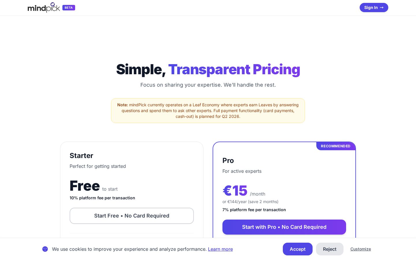 mindPick Pricing