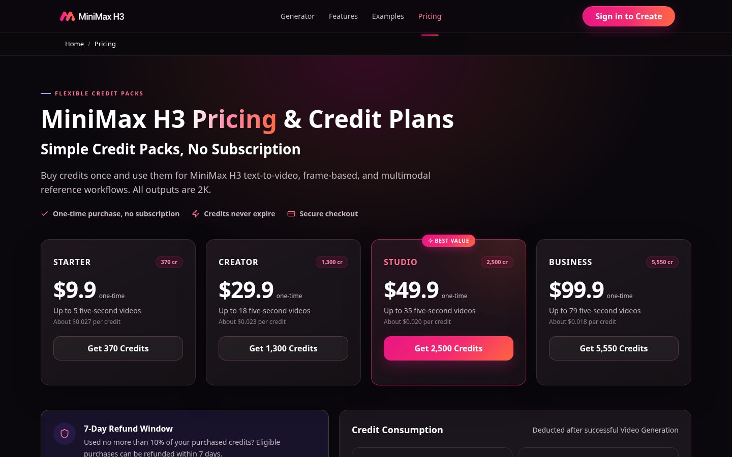 Minimax H3 AI Video Generator Pricing