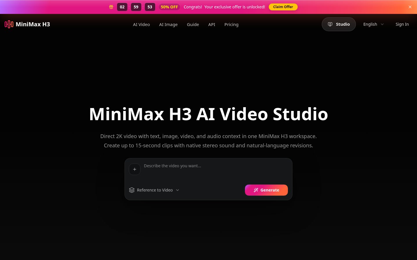 MiniMax H3 AI Video Studio Homepage