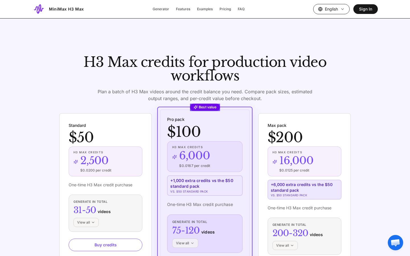 MiniMax H3 max video Pricing
