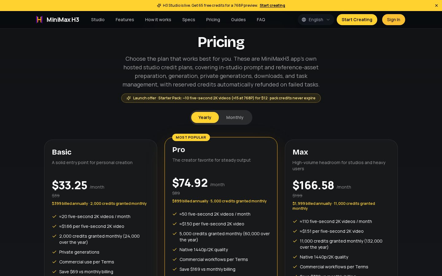 MiniMaxH3.app Pricing