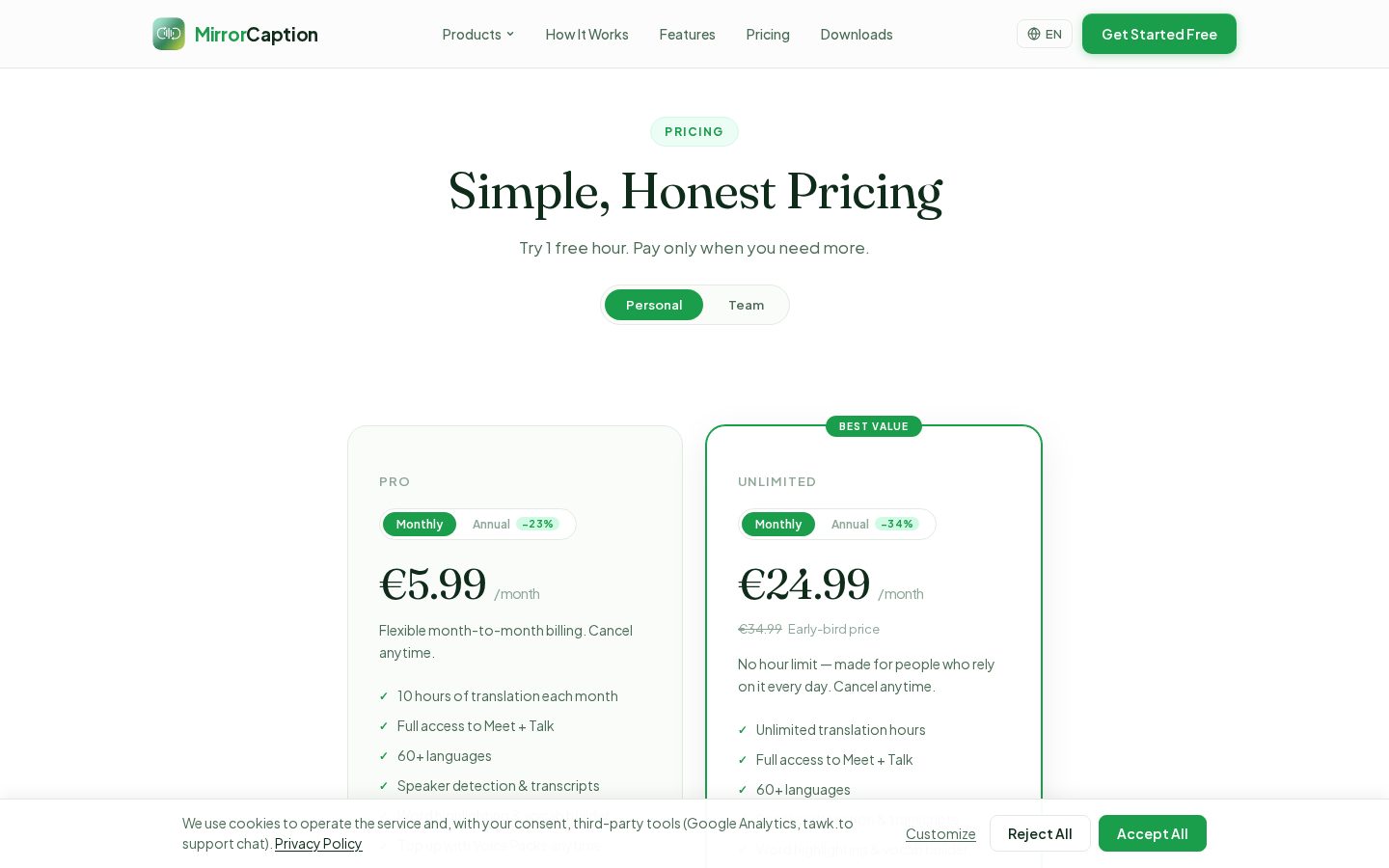 MirrorCaption Pricing