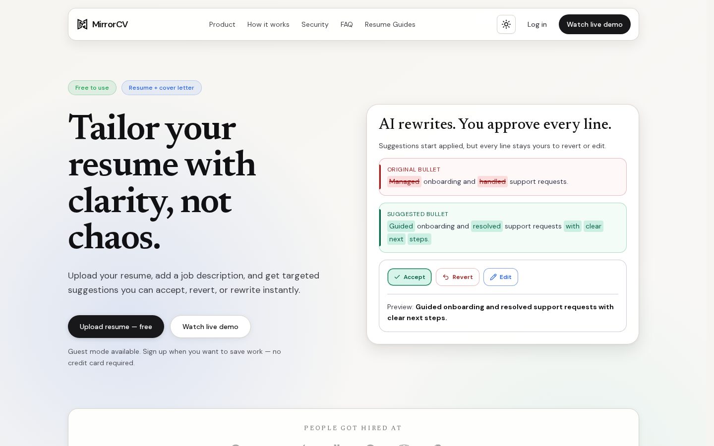MirrorCV AI Resume Optimizer Homepage
